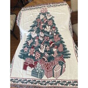 Reversible Christmas Tree 44” x 62” Tapestry Afghan Throw Blanket w/1.5" Fringe